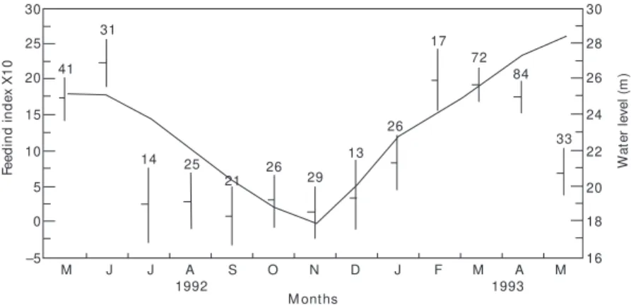 Fig. 6 — Feeding index of C. macropomum and water level fluctuations. Mean values. Confidence limits of 95% and size of sample.