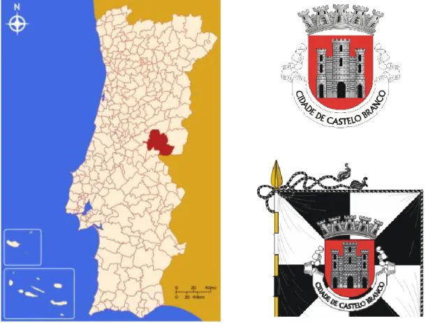 Figura 3 – Localização do distrito de Castelo Branco, brazão e bandeira da cidade. 