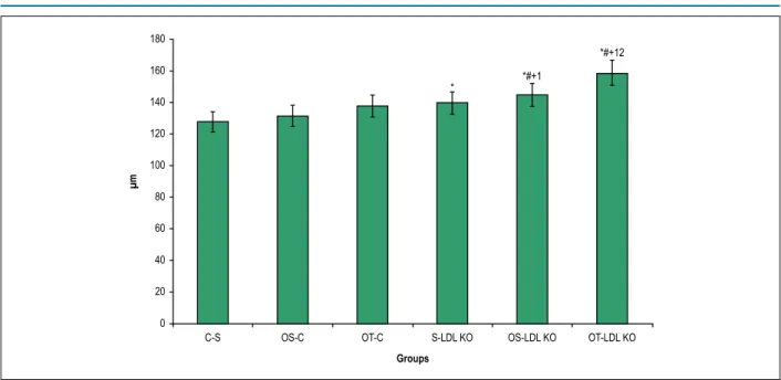 Figure 2 – Thickness of the tunica media-intima (μm) in the studied groups. Values are expressed as M ± SD *p < 0.05 vs