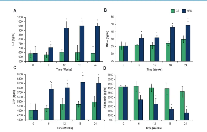 Figure 2 – Serum interleukin-6 (IL-6) (A), tumor necrosis factor-α (TNF-α) (B), C-reactive protein (CRP) (C) and adiponectin (D) in the control (CT) and high-fat diet  (HFD) groups over time