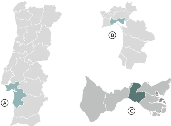 Fig. 9 – Enquadramento: A- Setúbal / Distrito; B – Setúbal / Cidade; Setúbal / Freguesia (S
