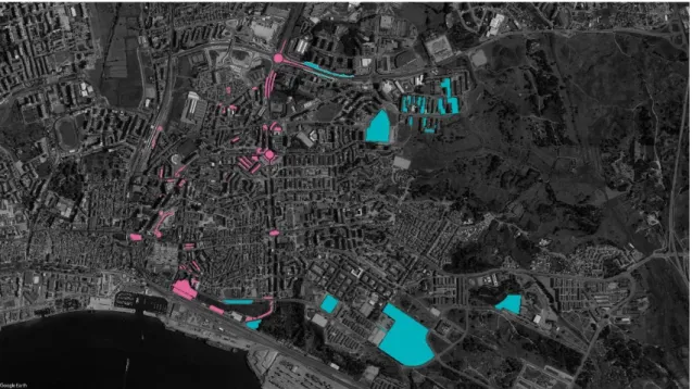 Fig. 11 - Localização dos espaços verdes de S. Sebastião (rosa) e Bela Vista (azul) 