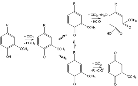 Figura 7. Degradação oxidativa das unidades fenólicas da lignina pelo dióxido               de cloro (Marabezi, 2009)