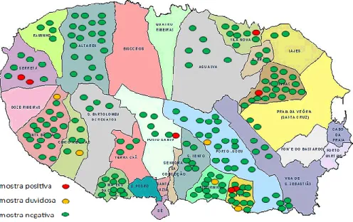 Figura 8. Distribuição das amostras de acordo com o seu resultado na região estudada. Fonte Adaptado da Carta  Administrativa de Portugal - Instituto Geográfico Português