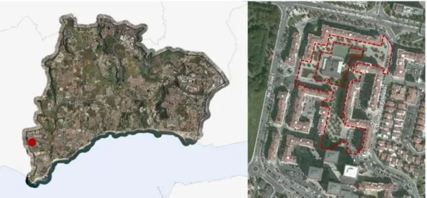 Figura 15 – Localização da Quinta das Palmeiras no concelho (esquerda) e do local de intervenção (direita) 