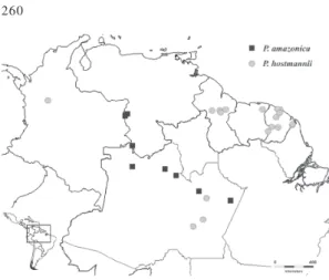 Figure 2 - Geographical distribution map of P. amazonica and P. hostmannii, based on all material available to the authors, not just on the selected material cited here.