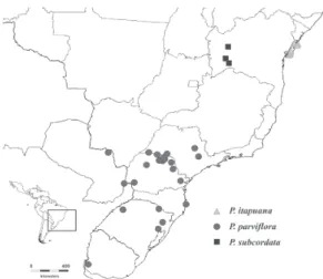Figure 5 - Geographical distribution map of P. itapuana, P. parviflora and P. subcordata, based on all material available to the authors, not just on the selected material cited here.
