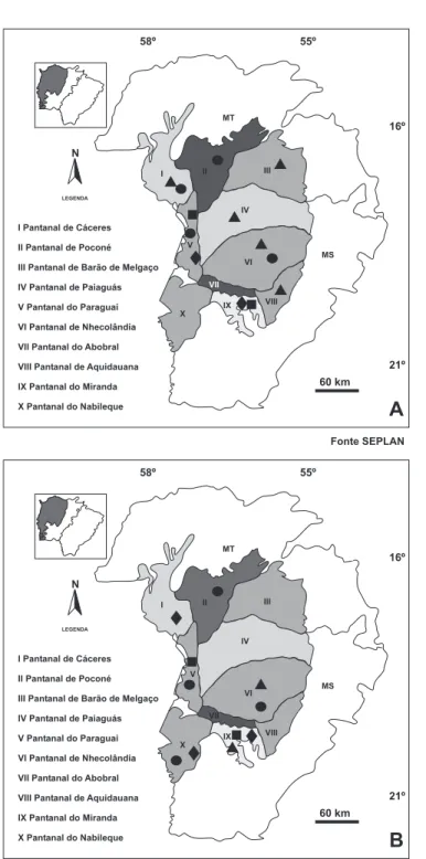 Figura 1 - Distribuição geográfica da espécies de Machaerium nas sub-regiões do Pantanal: 1a