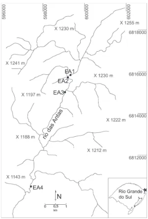 Figura 1 – Localização da área de estudo no estado do Rio Grande do Sul e das estações amostrais (EA) no curso superior do rio das Antas, São José dos Ausentes, RS, Brasil.