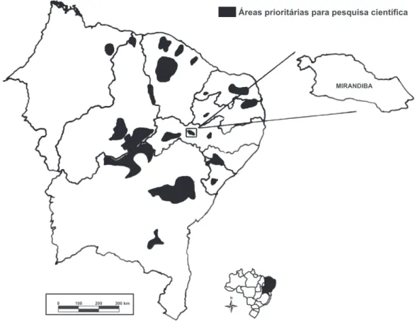 Figura 1 – Mapa da Região Nordeste do Brasil destacando as áreas prioritárias para a pesquisa cientifica e o Município de Mirandiba – PE