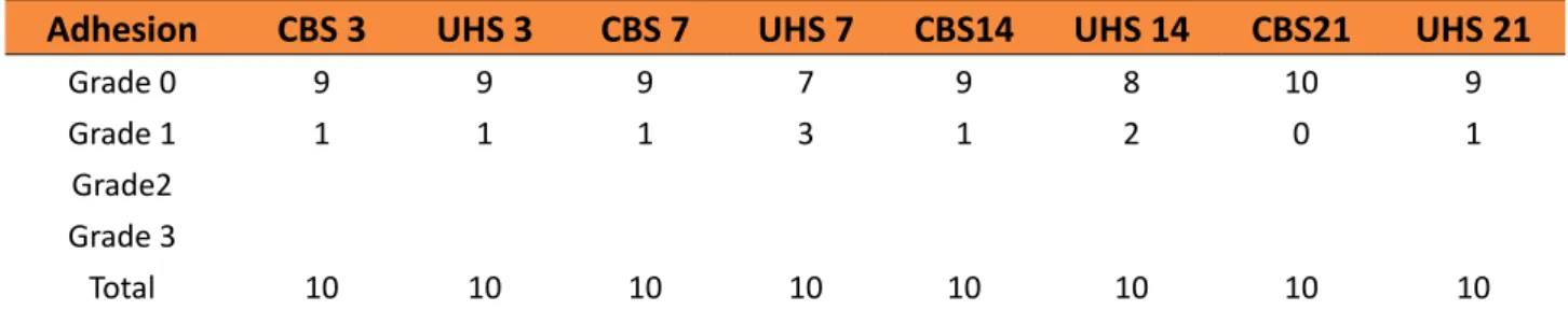 Table 2  - Adhesions classified by grade and observation periods.