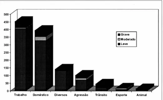 Gráfico 1  • Distribuição, por causa e severidade, das lesões traumáticas atendidas de Março a Agosto de  1 992, na Santa Casa de São Paulo