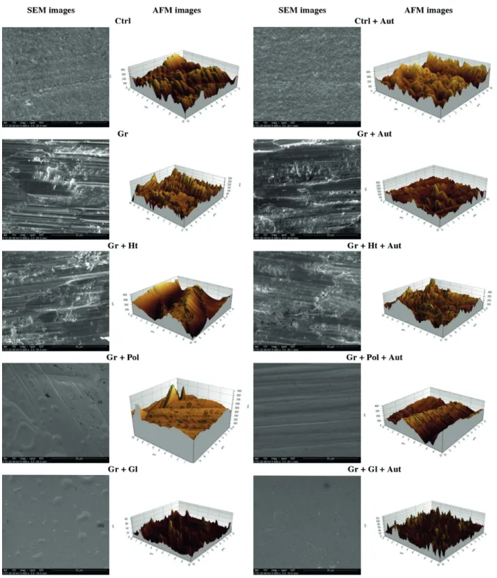 Figure 1. Representative SEM images (5000× magnification) and AFM images (20  m m × 20  m m) of Y-TZP surface for different conditions,  demonstrating that grinding with diamond burs (Coarse) modified the topographic pattern of “as sintered” samples creati