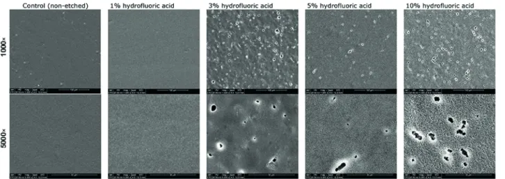 Figure 3. Representative FEG images of different ceramic surface conditioning: untreated (non-etched); etched for 20 s with HF 1%; HF 3%; HF  5%; and HF 10%.