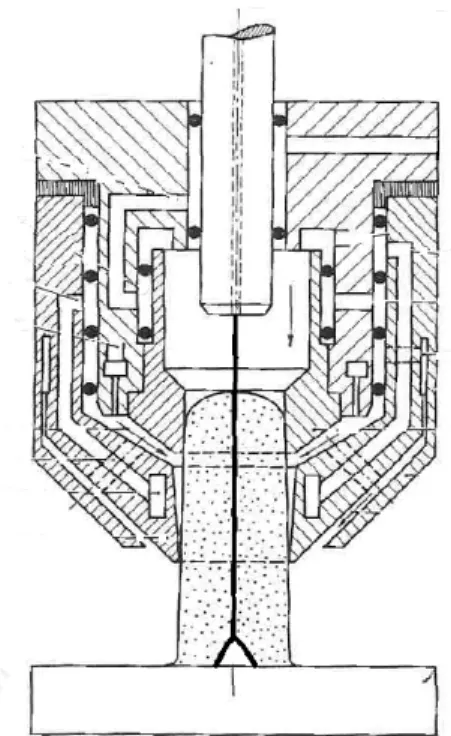 Figura 2.4 - Diagrama esquemático de uma tocha “Plasma-MIG” utilizando o bocal como  eletrodo não consumível (ESSERS et al., 1981) 