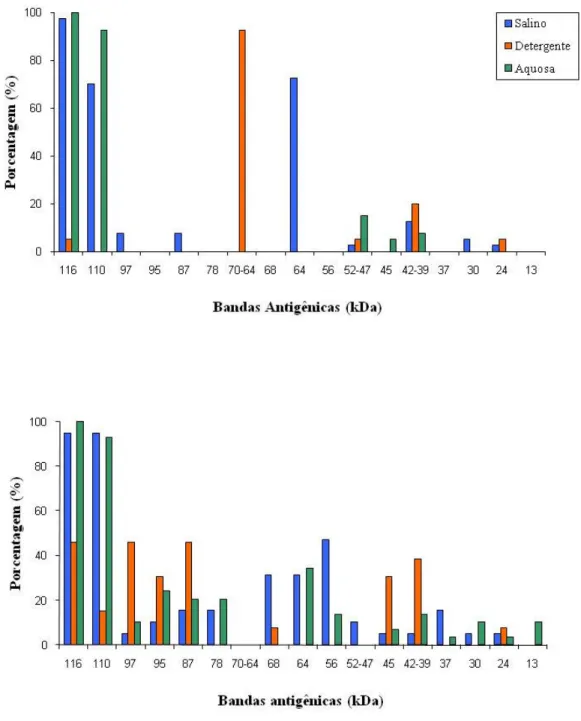 Figura  4.  Porcentagem  das  amostras  de  soro  reativas  por  Immunobloting  utilizando  os  antígenos do extrato salino total (Salino), e das frações detergente (Detergente) e aquosa  (Aquosa)  de  metacestódeos  de  T