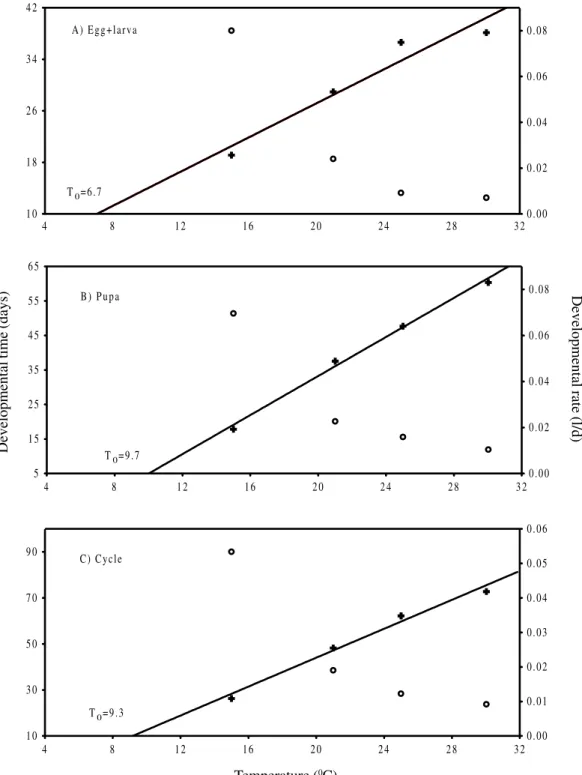 Figure 2. Effect of temperature on developmental time (days) ( ¡ ) and on developmental rate (1/D) (+) of P