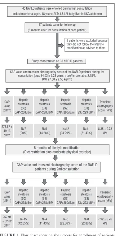 FIGURE 1. Flow chart showing the process for enrollment of patients  and, controlled attenuation parameter value and transient elastography  value before and after lifestyle modification.