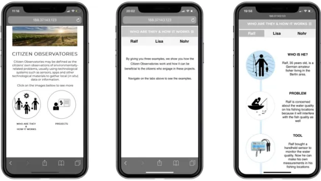 Figure 10. Mockups of the mobile version: homepage, personas front page, example of a  persona 
