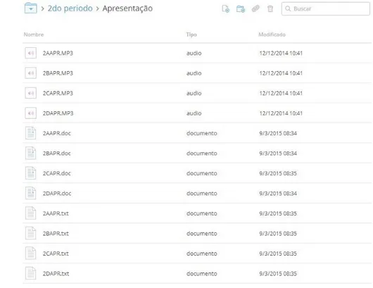 Figura 9 – Armazenamento da atividade oral Apresentação, segundo período, no Dropbox. 