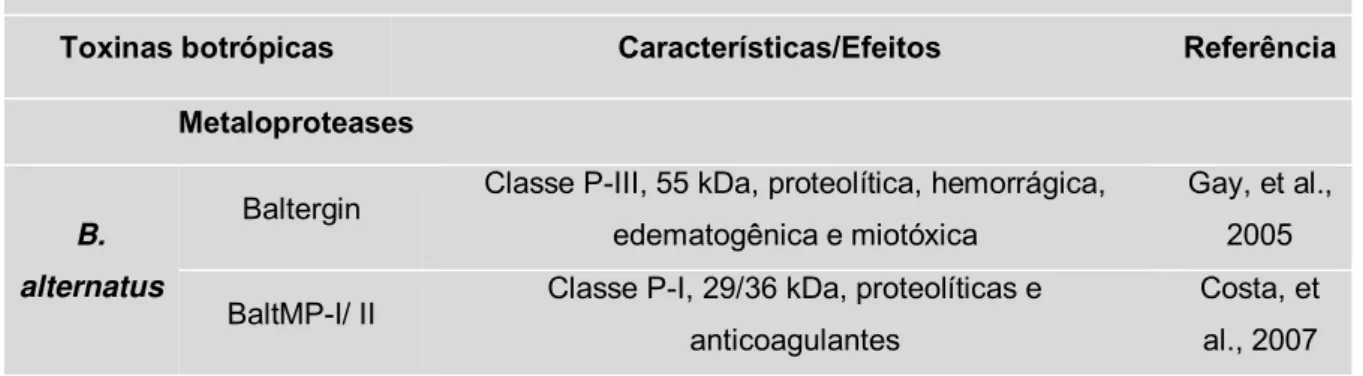 Tabela 2.2: Classificação e efeitos de metaloproteases, serinoproteases e fosfolipases A 2  isoladas  de peçonhas de B