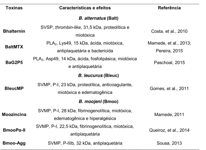 Tabela 2.3: Proteínas isoladas de peçonhas de serpentes do gênero Bothrops. 