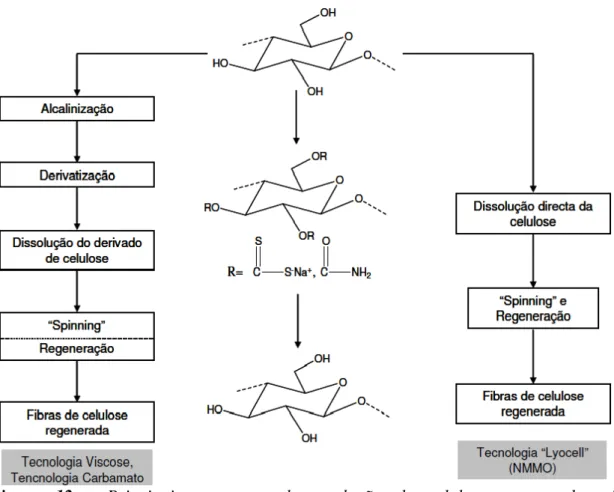 Figura  12  -  Principais  processos  de  produção  de  celulose  regenerada,  via  derivatização e via direta