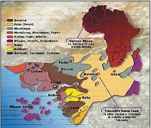 FIGURA 4 – Distribuição geopolítica das etnias versus religiões em  Guiné-Bissau — 2002 