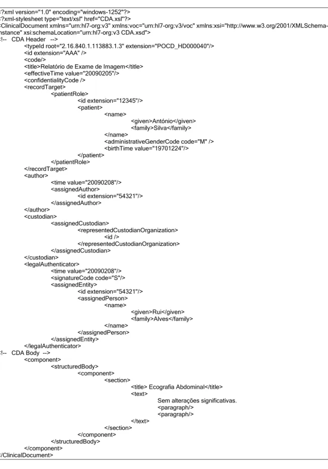 Figura 1. Exemplo simplificado de um documento CDA R2, Nível Um, visualizado em texto simples 