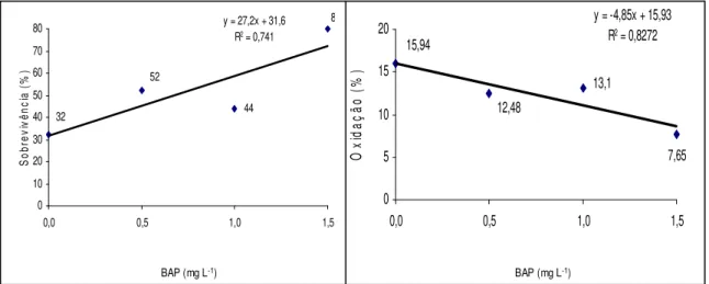 FIGURA  3.  Sobrevivência  (%)  e  oxidação  (%)  de  ápices  caulinares  de  L.  alba  inoculados em meio MS suplementado com diferentes doses de BAP