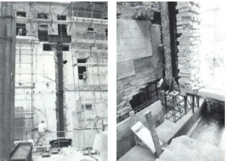 Figura 3.13 – Inserção da coluna na parede de pedra existente e fase executiva da intervenção  (Mazzolani, 1991) 