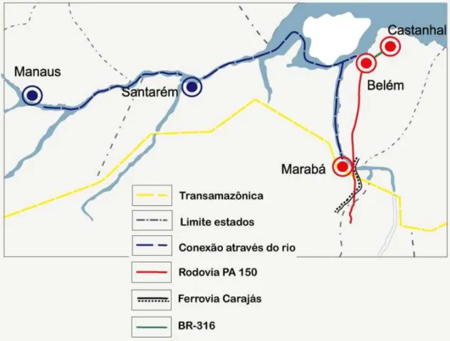 Figura 01: Localização de cidades-pólo de desenvolvimento no estado do Pará. Adaptado de mapa  rodoviário em www.transportes.gov.br 