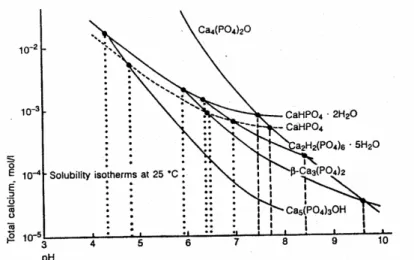 Figura 3. 5: Diagrama de solubilidade de fases para o sistema: Ca (OH) 2 -H 3 PO 4 -H 2 O a  25 ºC, mostrando a fase de fosfato de cálcio mais estável para diferentes valores de pH e  diferentes concentrações do íon cálcio (Legeros 1991)