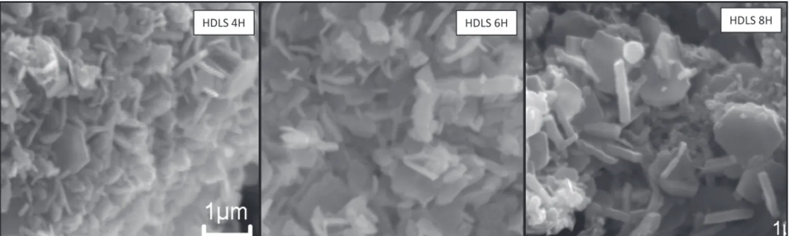 Figura 6: Micrograﬁ  as obtidas por microscopia eletrônica de varredura das amostras HDL 4H, HDL 6H e HDL 8H.