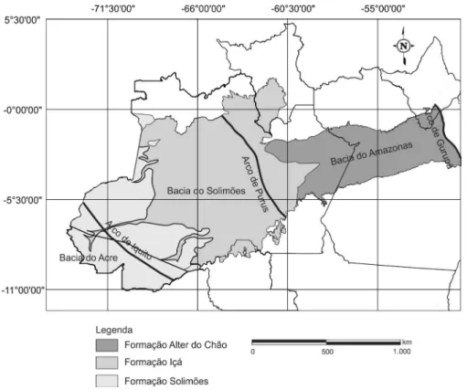 Figura 1. Áreas de afloramento das formações Içá, Solimões e Alter do Chão, nas bacias sedimentares do Solimões e  do Amazonas.