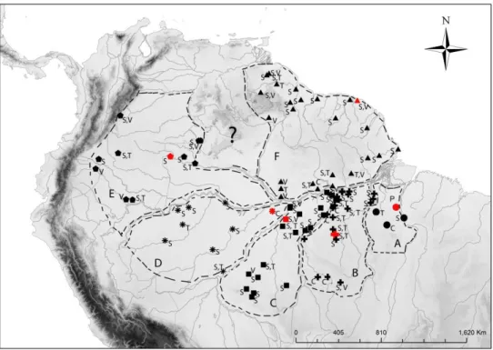 Figure 4 - Geographic distribution of specimens, vocalizations, and tissues of Campylorhamphus procurvoides taxa  analyzed in this study