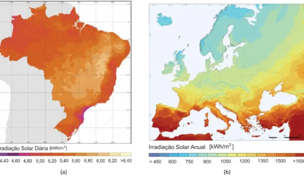 Figura 2.11: Mapa de irradiação solar média anual do Brasil e da Europa. Fonte: (Pereira et al., 2006) e (IET, 2012)