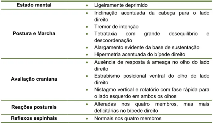 Tabela 8 – Caso clínico nº2 - Exame neurológico prévio à RM. 