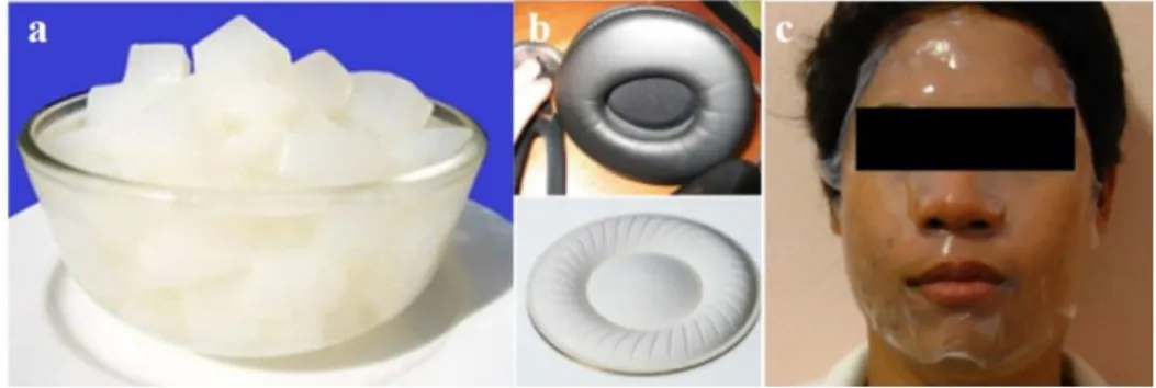 Figura 6: Aplicações da celulose bacteriana - produção de ‘nata de coco’ (a), de diafragmas  de sistemas sonoros (b) e de máscaras para a pele (c) (44,45)