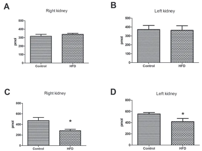 FIGURE 6  -  Total lipid profile of kidney of mice fed with high fat diet. Total phospholipids (A, B) and cholesterol (C, D) were  measured from kidney membrane preparation