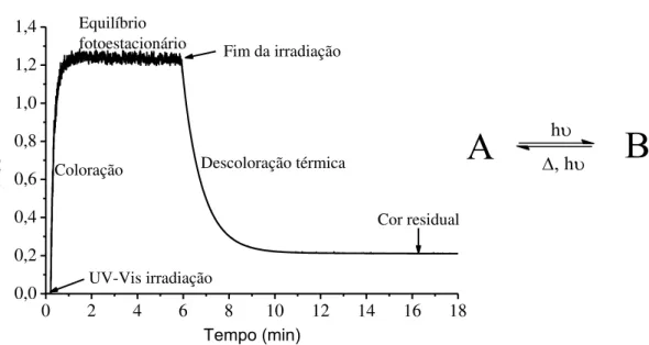 Figura 1.5: Representação do perfil do processo de coloração/descoloração de um sistema fotocrómico do tipo-T  [50, 62]