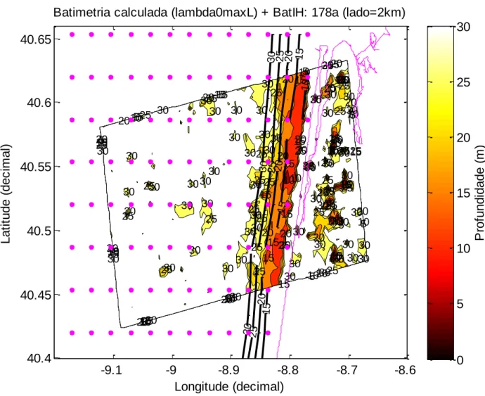 Figura 22 - Batimetria calculada e observada para a imagem 178a junto à costa, considerando uma célula  de 2km de lado e λ 0  máximo de Leixões