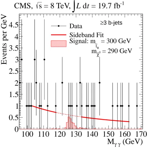 Figure 5: Diphoton mass distribution (points with errors) in event category (i) and the power law fit (thick red line)