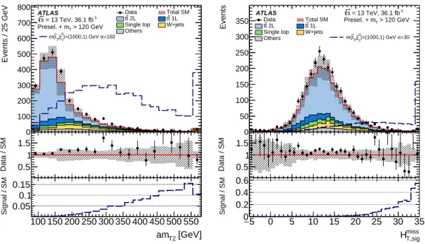 Figure 5: Distributions of discriminating variables: (left) am T2 and (right) H miss