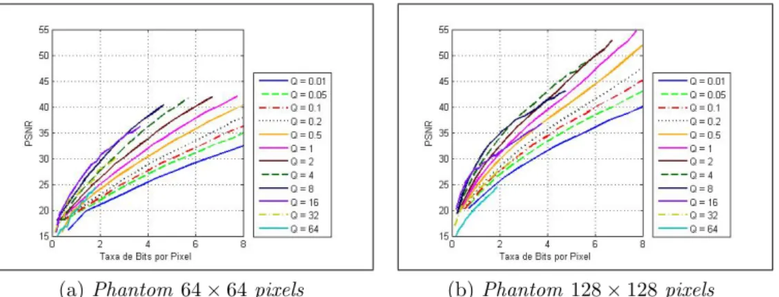 Figura 5.4: Resultado da avalia¸c˜ao de 12 passos de quantiza¸c˜ao para Phantom variando duas resolu¸c˜oes e 20 medidas