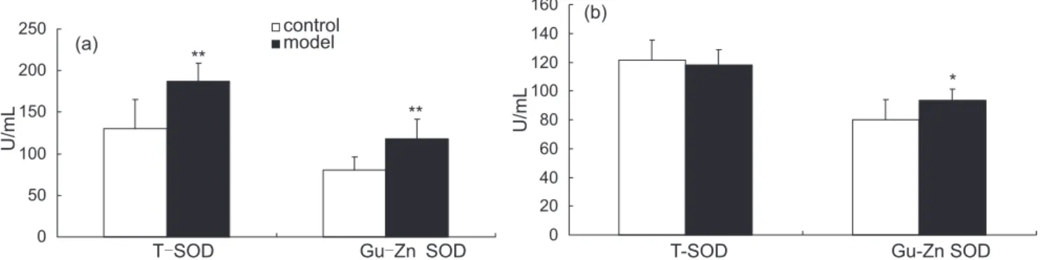 FIGURE 3  - Effects of hyperuricemia on T-SOD and Gu,Zn-SOD  activity in brain in 4 th  week