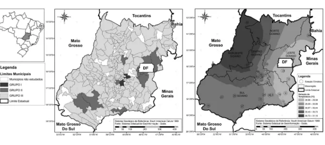 Figura 1. Localização do estado de Goiás no Brasil (a) com a distribuição dos municípios em função da faixa de população  divididos em Grupos I, II e III, indicando os municípios do Estado que não foram estudados (b) e a composição das 5 mesorregiões  geog