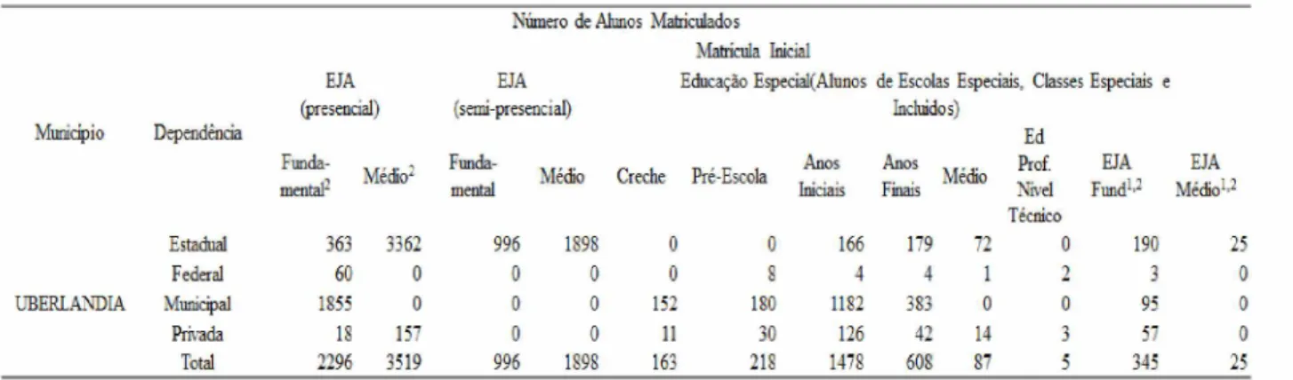 Tabela 2 - Parte B - Número  total de alunos matriculados nos sistemas públicos e privado de ensino no município  de Uberlândia.