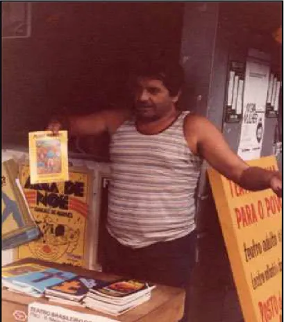 Figura 6: Plínio Marcos vendendo seus livros na porta do Teatro  de Arena. São Paulo. Fotografia color