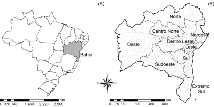 Figura 1. (A) Estados do Brasil e Bahia; (B) Macrorregiões de saúde do Estado da Bahia